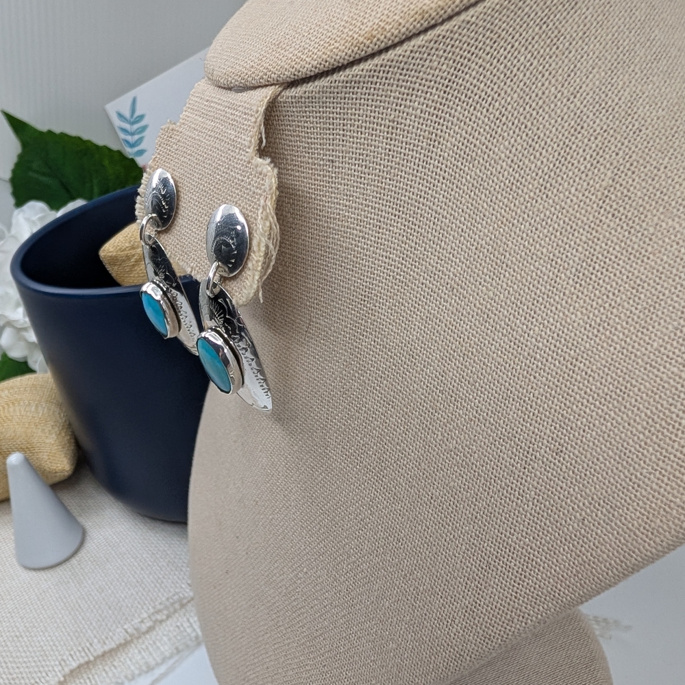Vintage Handmade Sterling Silver Turquoise Stud Earrings | Florida Keys | 1.75” - Picture 7 of 16